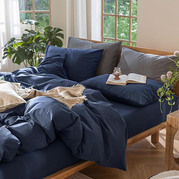 MooMee Bedding Duvet Cover Set 100% Washed Cotton Linen Like Textured Breathable Durable Soft Comfy (Solid Navy, Queen 90"x90")