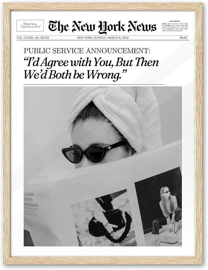 EcoHest Small Trendy Newspaper Framed Wall Art, 8x10 in OAK Wood Cool Girl Canvas Art, Magazine Bar Cart Print College Dorm Decor, Beige Logs Set of 1 for Bedroom Living Room