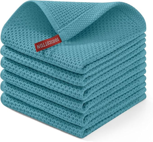 Homaxy 100% Cotton Waffle Weave Kitchen Dish Cloths, Ultra Soft Absorbent Quick Drying Dish Towels, 12 x 12 Inches, 6-Pack, Lake Blue