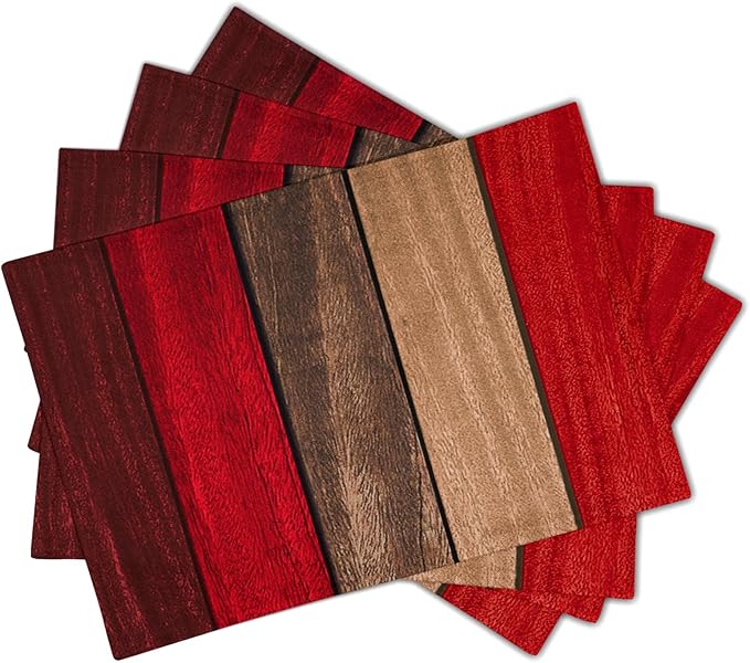 Giwawa Rustic Wood Placemats Set of 4- Retro Red Brown Wooden Board Linen Place Mat 12x18 Inch- Farmhouse Country Style Washable Heat Resistant Table Mats for Kitchen Dining Cabin Decor