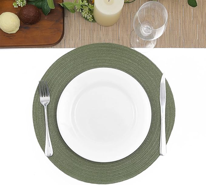 SHACOS Round Placemats Set of 6 Washable 15 inch Round Table Mats Cotton Polyester Woven Braided Place Mats for Dining Table (Olive Green, 6)