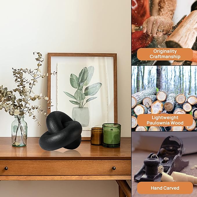 Wood Chain Decor, 2-Link Decorative Chain Hand Carved Boho Wood Knot Decor for Bookshelf Desk Living Room Coffee Table Farmhouse Ornament (Black)