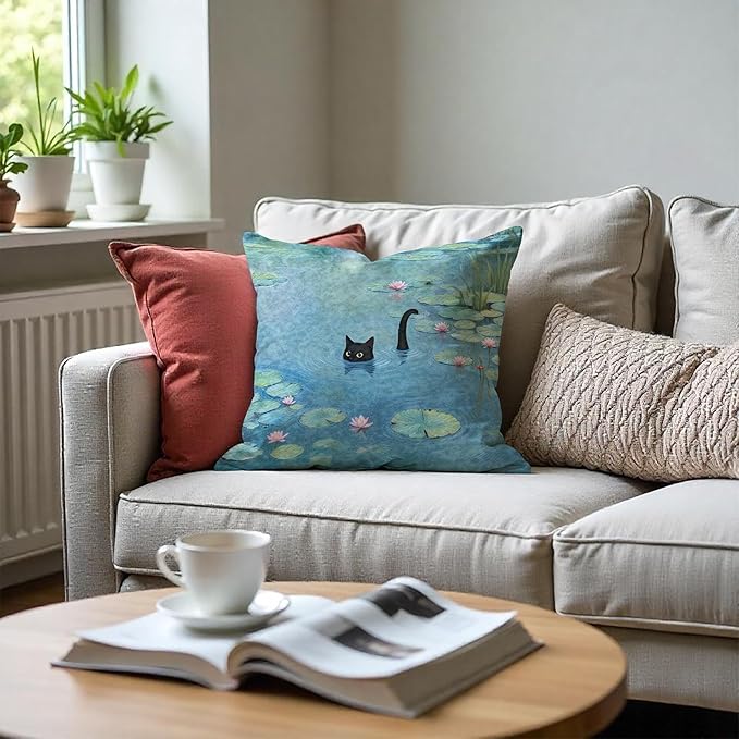 Black Cat Art Painting Throw Pillow Covers 18x18, Aesthetic Black Cat Decor Pillow Covers, Vintage Cats Decor for Room Bedroom, Cats Lovers Lady Mom Grandma Gifts