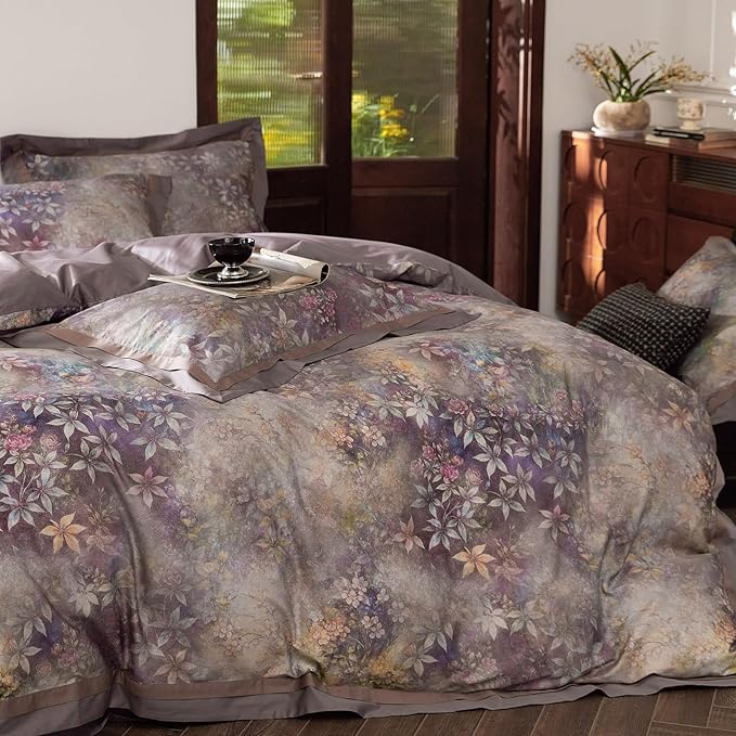 mixinni Vintage Floral Duvet Cover Set - Queen Size, 100% Long Staple Cotton Percale, Reversible Purple Floral Bedding Set with Zipper Closure, 3-Piece Luxury Duvet Cover with 2 Pillow Shams (20"x26")