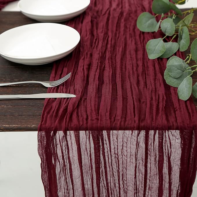 DOLOPL Christmas Table Runner, Burgundy Cheesecloth Table Runner for Christmas Decorations 10ft Cheese Cloth Table Runner Gauze Runner 120inch Long for Christmas Wedding Bridal Baby Shower Birthday
