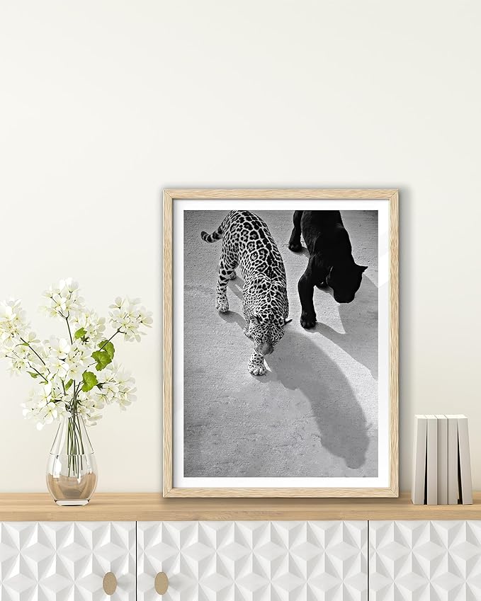EcoHest Cheetah and Jaguar Walking Framed Wall Art, 12x16 in OAK Wood Vintage Black and White Funny Bathroom Canvas Art, Fashion 1950s Poster Decor, Beige Logs Set of 1 for Bedroom Living Room