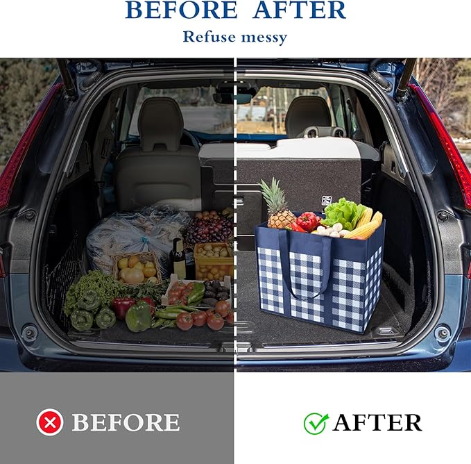 WISELIFE Reusable Grocery Shopping Bags 10 Pack Large Foldable Tote Bags Bulk, Eco Produce Bags with Long Handle for Shopping Groceries Clothes (Plaid B)