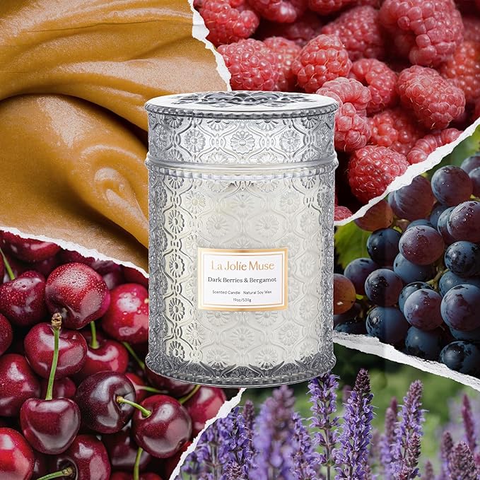 LA JOLIE MUSE Dark Berries & Bergamot Scented Candles, 19 oz Large Glass Jar Candle, Candle Gifts for Women&Men, Natural Soy Candles for Home, 90 Hours Long Burning Time
