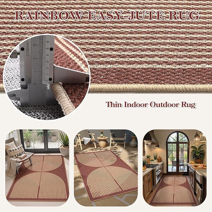 Lahome Modern Rainbow Easy Jute Patio Rug, 3x5 Washable Entry Way Rugs Indoor for Living Room Dorm, Farmhouse Red Indoor Outdoor Carpet for Entryway Deck Porch