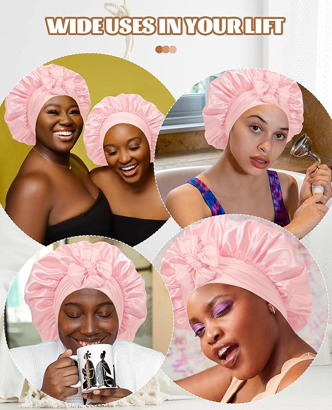 Satin Bonnet Silk Bonnet for Sleeping Silk Sleep Cap Double Layer Hair Bonnet with Elastic Tie Band for Curly Hair Night Cap (Apricot Powder+Champagne)