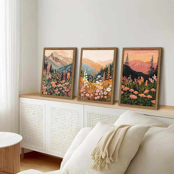 Boho Colorful Landscape wall art Wildflower Mountain Wall Decor Vintage Floral Forest Paintings Rustic Nature Pictures Canvas Prints for Living Room Bedroom Dining Room 16x24 Inch Wood Framed