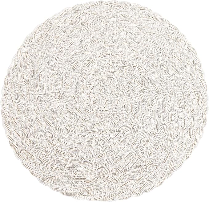 SHACOS Round Braided Placemats 15 inch Set of 6 Boho Thick Washable Kitchen Table Placemats for Home Wedding Party (T-Ivory, 6)