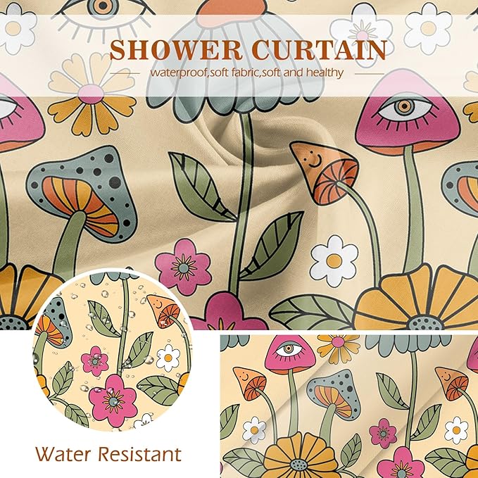 Aimego Boho Mushroom Shower Curtain - 60s 70s Retro Bohemian Flowers Eyes Floral Fabric Cloth Bath Shower Curtain Set with 12 Hooks for Bathroom Decor Accessories, 72"x72"