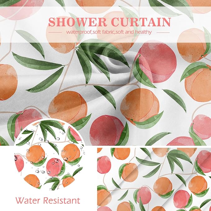 Aimego Peach Fruit Shower Curtain - Pink Orange Cute Peach Green Leaves Plant Modern Nature Fabric Cloth Bath Shower Curtain Set with 12 Hooks for Bathroom Decor Accessories, 72"x72"
