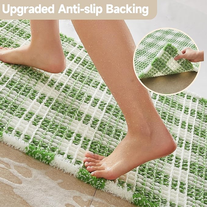 Waffle Bath Mat, Boho Bathroom Rugs Non Slip Washable Absorbent Checkered Bathroom Mat Quick Dry Cute Bath Mat, 24"x16" Green and White