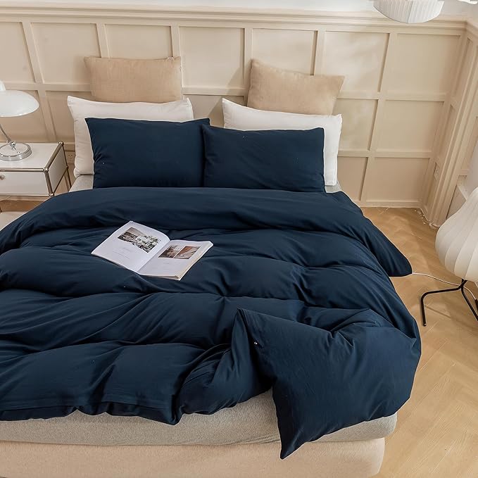 ECOCOTT Navy Blue Duvet Cover Oversized Queen Size, 100% Washed Cotton 3-Piece Bedding Set - Ultra Soft, Breathable & Easy Care with Zipper Closure and 2 Pillowcases, Luxury Hotel Quality