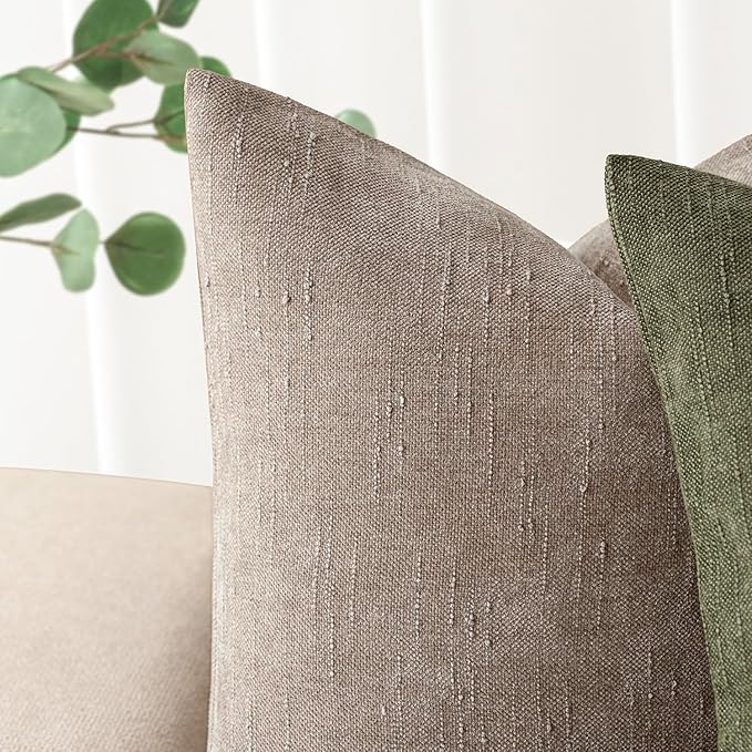 Foindtower Set of 2 Soft Textured Chenille Throw Decorative Pillow Covers Square Accent Solid Cushion Cover Cozy Neutral Farmhouse Pillow Case for Couch Sofa Bedroom Living Room 18x18 Inch,Light Taupe