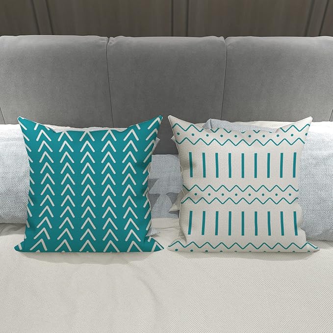 YCOLL Pillow Covers 16x16 Set of 4, Modern Sofa Throw Pillow Cover, Decorative Outdoor Linen Fabric Pillow Case for Couch Bed Car, Aqua Blue