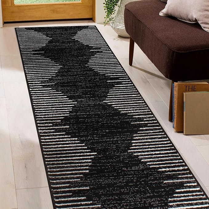 Rugshop Bohemian Stripe Stain Resistant High Traffic Living Room Kitchen Bedroom Dining Home Office Runner Rug 2' x 10' Black