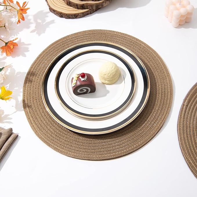 SHACOS Round Placemats Set of 4 Woven Braided Kitchen Table Placemats 15 inch Round Place Mats Washable Table Mats Indoor Outdoor, Brown