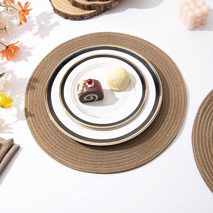 SHACOS Round Braided Placemats Set of 6 Washable Cotton Polyester 15 inch Round Table Place Mat for Dining Table (Brown, 6)