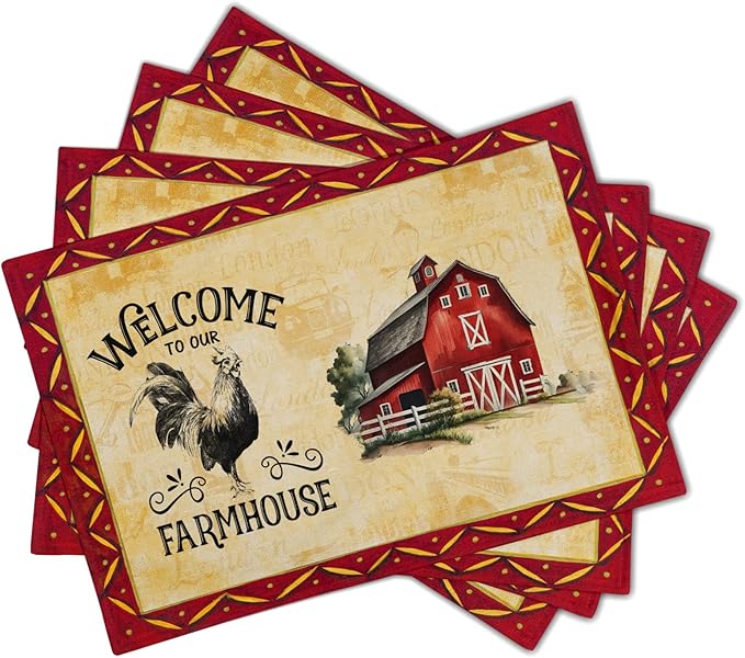 Giwawa Rooster Chicken Placemats, Welcome to Our Farmhouse Linen Place Mat, Vintage Animal Farm Decorative Washable Non Slip Table Mats for Dining Kitchen Party, Set of 4, 12"x18"