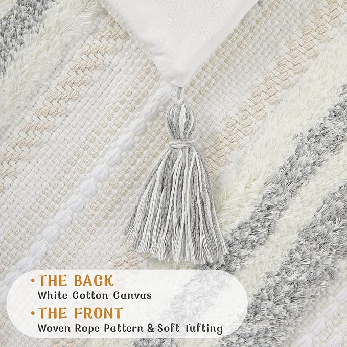 decorUhome Decorative Boho Throw Pillow Cover 20x20, Accent Neutral Textured Tufted Pillow Cover Striped for Couch Bed Sofa, Light Grey and Cream White, Pack of 1