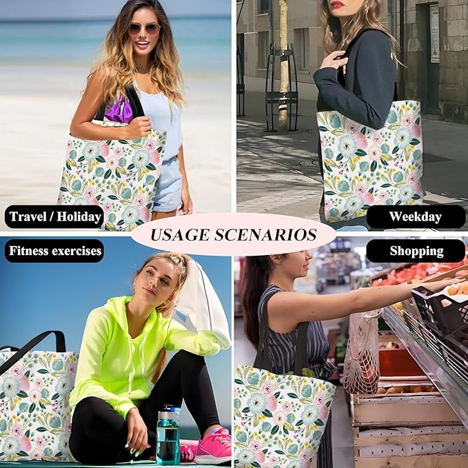 Canvas Tote Bag for Women，Cute Heavy-Duty Shoulder Bag with Zipper Pocket -Travel Tote for Grocery, Gym,Shopping