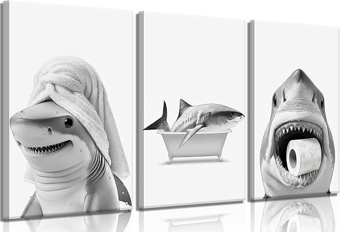 3pcs Black And White Shark Bathroom Canvas wall art Funny ocean Animal bathtub Paintings Pictures Wall Decor Modern Poster Printing Artwork for Restroom Toilet Home Decoration
