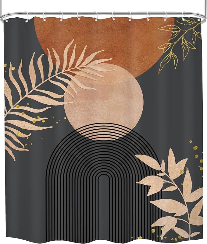 Dark Grey Brown Boho Modern Shower Curtain Mid Century Abstract Minimalist Burnt Orange Gold Leaf Arch Geometric Plant Neutral Bathroom Decor 60Wx72H Bath Curtain Fabric Polyester 12 Pack Hook