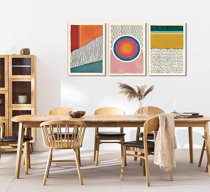 Set of 3 Framed Boho Wall Art Mid Century Modern Wall Decor Posters Abstract Color Block Geometric Canvas Paintings Prints Colorful Simple Line Pictures for Living Room Bedroom Home Decoration（12x16）