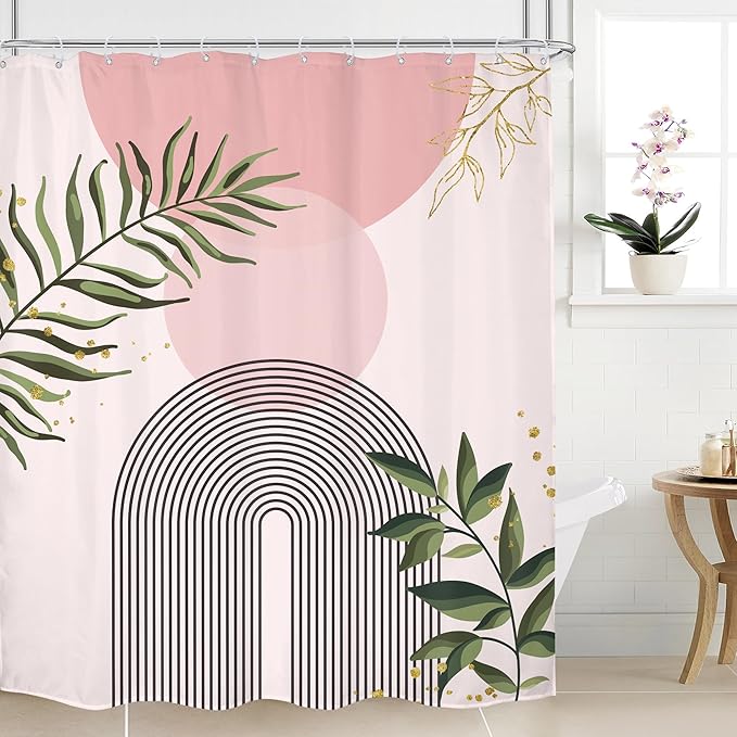 Pink Boho Shower Curtain 60Wx72H Mid Century Modern Abstract Gold Leaves Plant Sun Bathroom Decor Minimalist Geometric Arch Line Aesthetic for Girls Bath Curtain Fabric Polyester 12 Pack Hooks