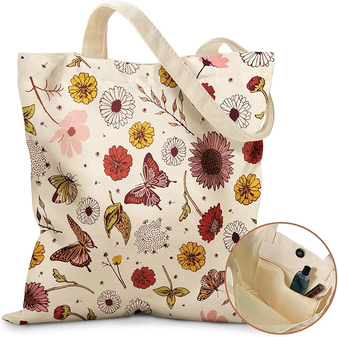 Aesthetic Tote Bag for Girls - with Magnetic Buckle and Zipper Inner Pocket for Women Lady Canvas Cotton Tote Bag