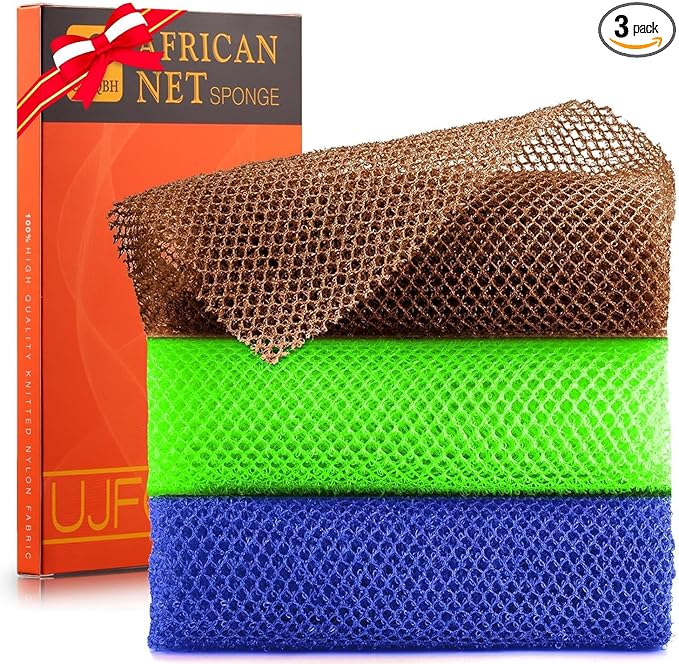 UJFQBH 3 Pieces African Bath Sponge African Net Long Net Bath Sponge Exfoliating Shower Body Scrubber Back Scrubber Skin Smoother,Great for Daily Use (Brown、Blue、Green)