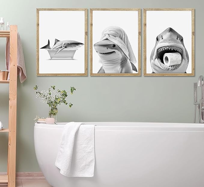 3pcs Black And White Shark Bathroom Canvas wall art Funny ocean Animal bathtub Paintings Pictures Wall Decor Modern Poster Printing Artwork for Restroom Toilet Home Decoration Unframed
