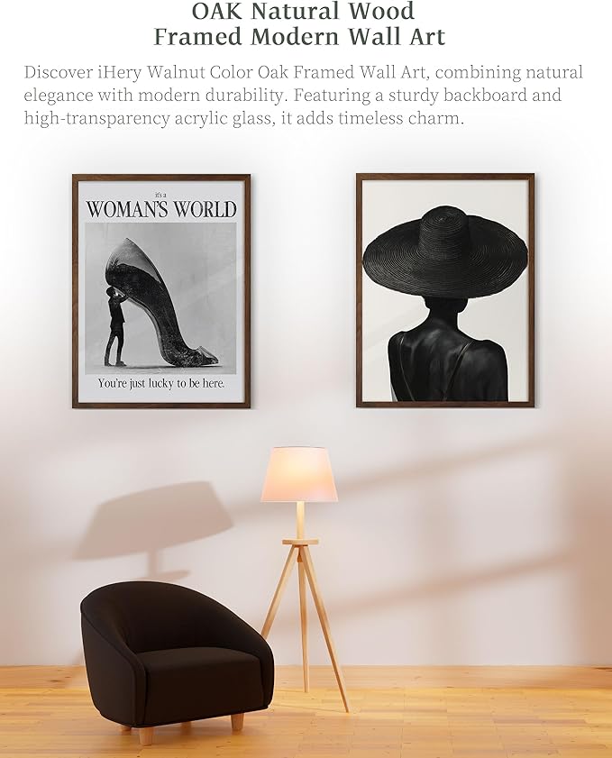 iHery Natural OAK Wood Woman's World Walnut Color Framed Wall Art, 12x16in Retro Feminist Modern Hot Girls Canvas Wall Art, Trendy Black High Heels Bedroom Decor, Bathroom Living Room 1Pack