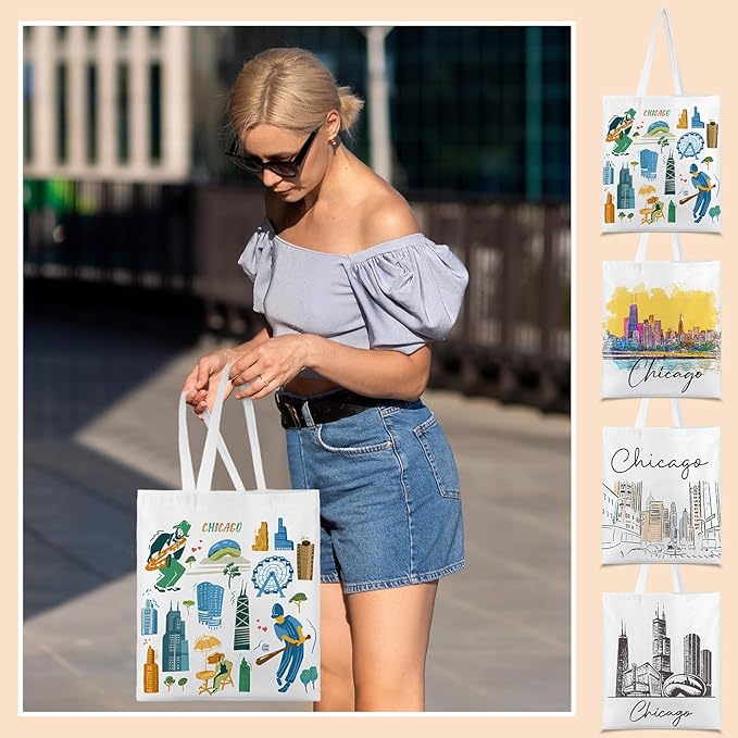Paterr 4 Pcs City Souvenir Tote Bag-New York Chicago Seattle Los Angeles Boston San Francisco Paris Italy Las Vegas Nashville