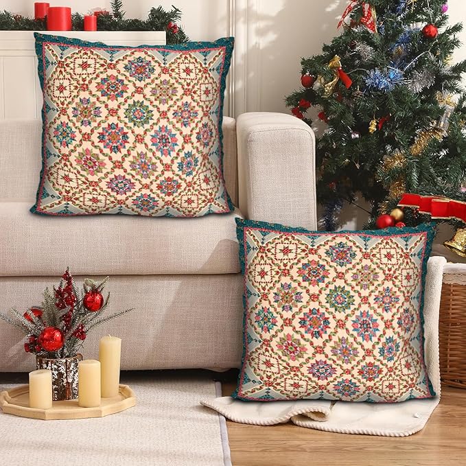 Boho Throw Pillow Covers 20x20 inch Set of 2,Boho Vintage Carpet Pattern Antique Ethnic Decor Double Sided Pattern Cushion Cover Soft Pillow Case Living Sofa Room Bed Square Pillow Cover