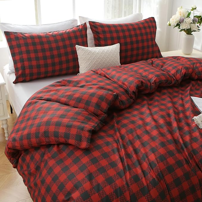 MUXHOMO Duvet Cover King Size Floral Duvet Cover Set with Zipper Closure, Red Plaid Bedding Set, 3 Pieces, 1 Duvet Cover 104"x90" with 4 Corner Ties and 2 Pillowcases 20"x36"