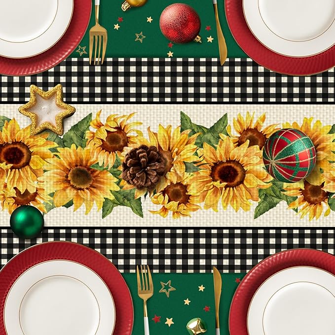 Sunflower Table Runner Kitchen Dining Linen Table Decoration for Indoor Outdoor Home Party Dinner 13x72 Inch