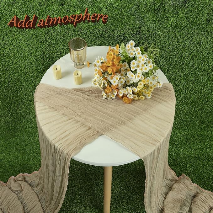 13.3FT Long Sand Cheesecloth Table Runner Boho Table Runner Transparent Rustic Gauze Wedding Dining Table Decorations for Birthday Party Holiday Baby Shower Event Decorations