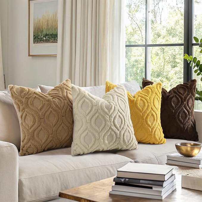 decorUhome Throw Pillow Covers 20x20 Inch Set of 2, Soft Plush Decorative Faux Fur Light Brown Solid Couch Pillow Covers, Accent Farmhouse Neutral Square Euro Pillow Cases for Sofa Bed Living Room