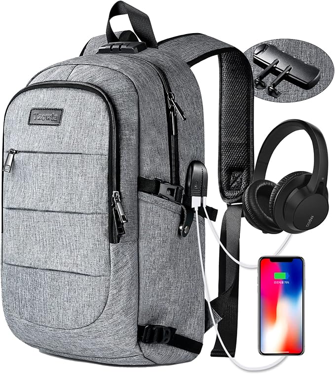 Laptop Backpack for unisex,Anti Theft Water Resistant Travel Work Backpack with USB Charging and Lock 15.6 Inch Computer Bag, Grey