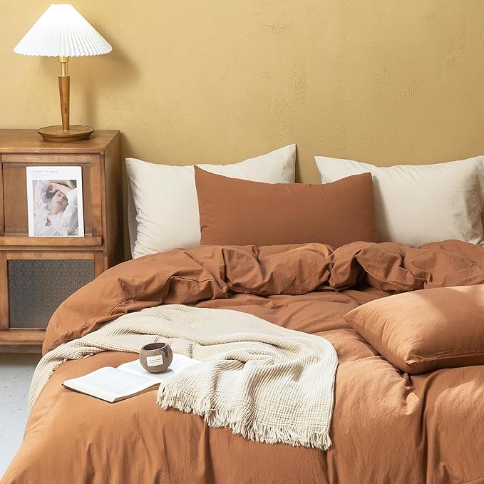 FOSSA Duvet Cover Set 100% Washed Cotton Linen Feel Super Soft Breathable Cozy Simple Style 3 Pieces Bedding Sets Solid Dark Orange Full/Double