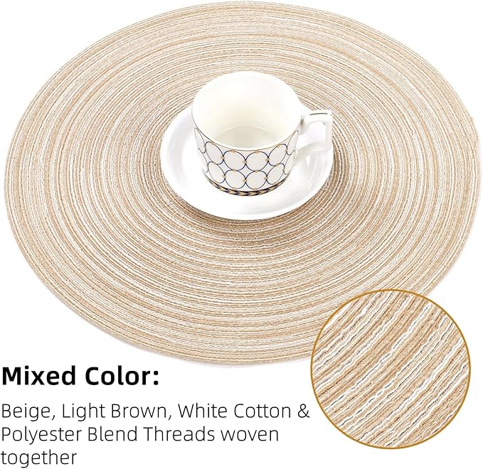 SHACOS 15 inch Round Braided Placemats Set of 6 Non Slip Heat Resistant Cotton Polyester Table Mats Washable Place Mats for Kitchen Dining Party Table Decor (Beige, 6)