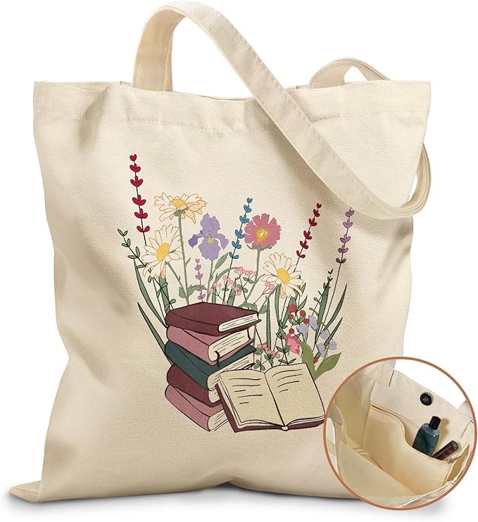 Aesthetic Tote Bag for Girls - with Magnetic Buckle and Zipper Inner Pocket for Women Lady Canvas Cotton Tote Bag