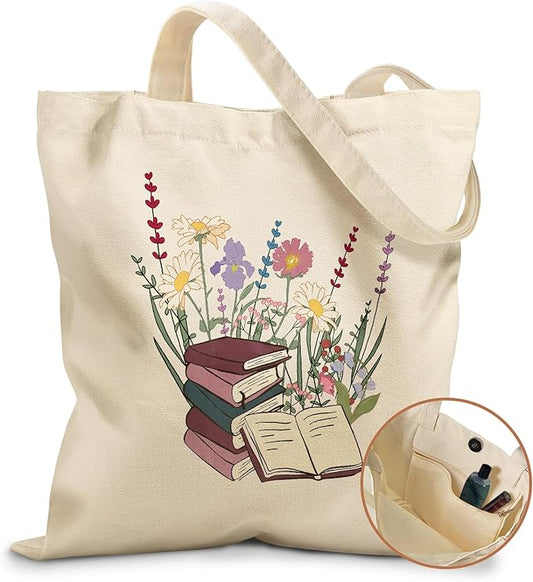 Aesthetic Tote Bag for Girls - with Magnetic Buckle and Zipper Inner Pocket for Women Lady Canvas Cotton Tote Bag