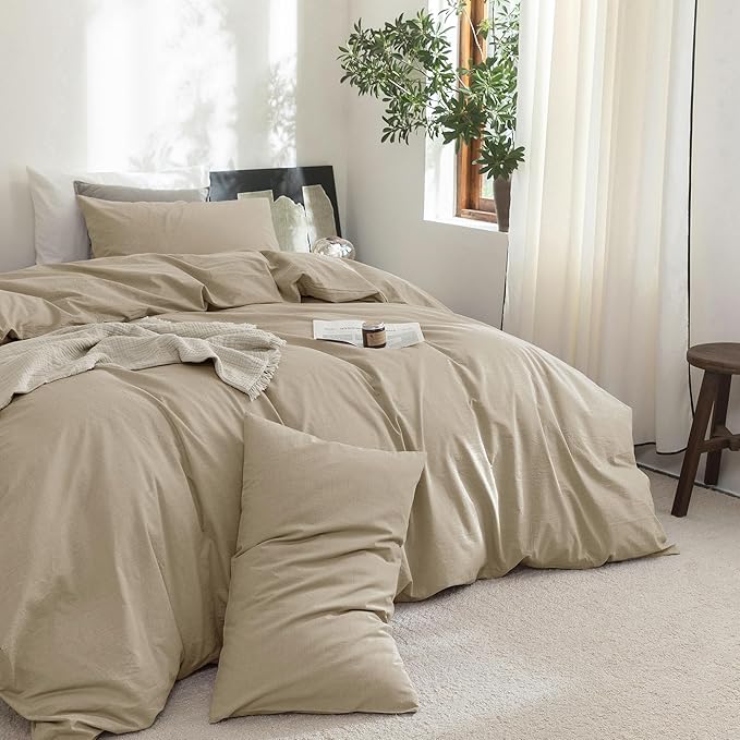 FOSSA Duvet Cover Set 100% Washed Cotton Linen Feel Super Soft Breathable Cozy 3 Pieces Bedding Sets Solid Light Khaki Queen