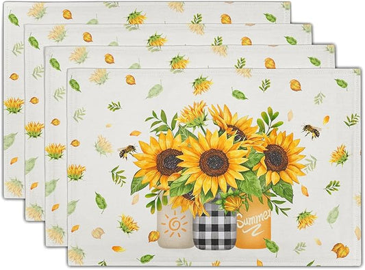 Giwawa Sunflower Vases Placemats Set of 4 Summer Bee Yellow Floral Mason Jar Place Mat 12x18 Inch Stain Heat Resistant Linen Table Mats for Kitchen Dining Seasonal Party Decor