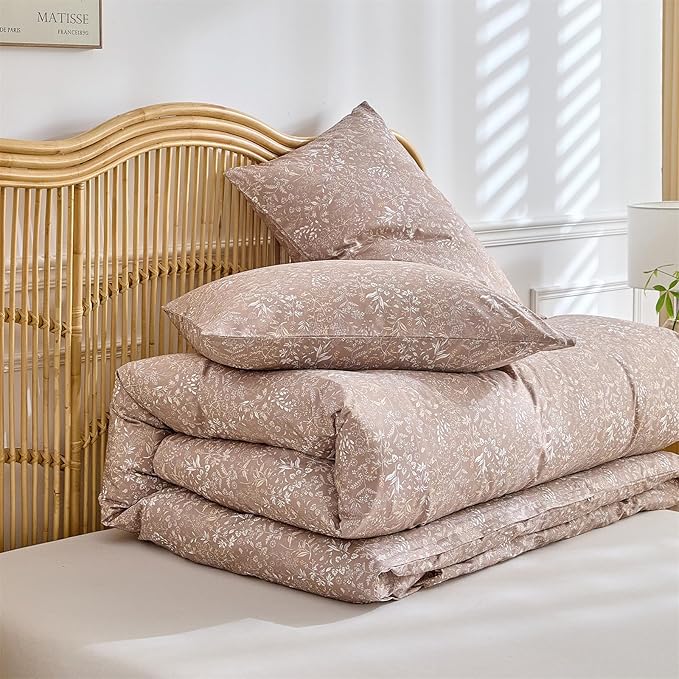 mixinni 3 Pieces Duvet Covers Twin XL Size, 100% Cotton Comforter Cover Wildflower Printed on Khaki Floral Bedding Set with Zipper Closure 4 Ties (1 Duvet Cover 68"x86", 2 Pillow Cases 20"x26")
